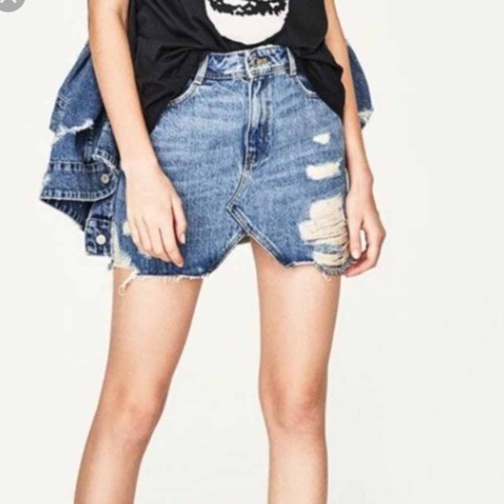 Zara Distressed Mini 100% Cotton Denim Skirt